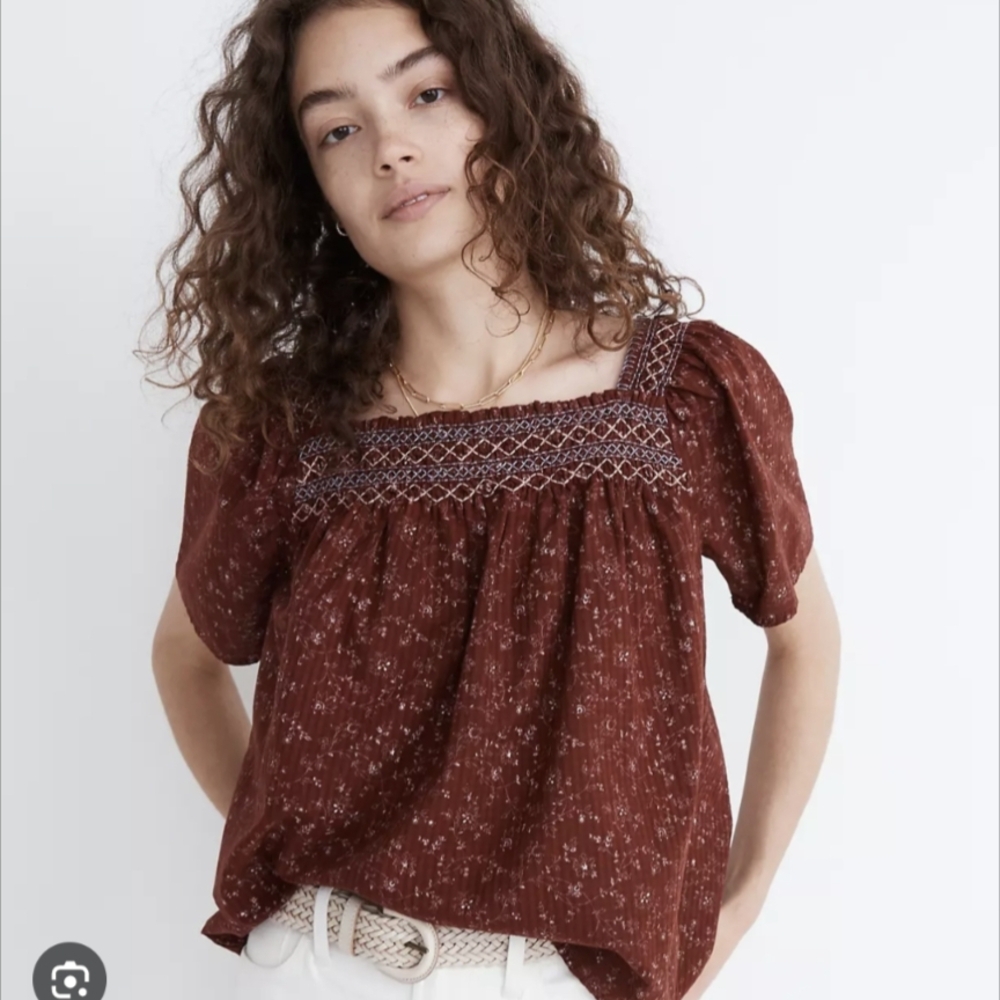 Madewell Smocked Square-Neck Short Sleeve Top - Rust Brown